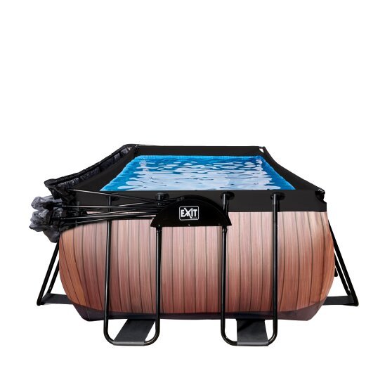EXIT Wood Pool 400x200x122cm mit Abdeckung und Sandfilter- und Wärmepumpe - braun