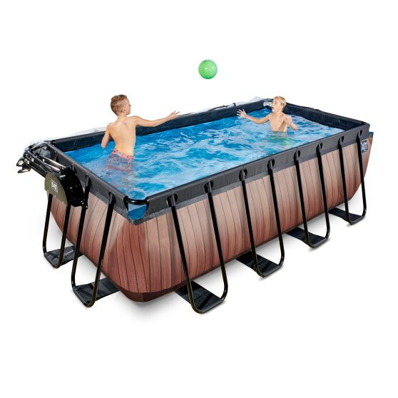 EXIT Wood Pool 400x200x122cm mit Abdeckung und Sandfilter- und Wärmepumpe - braun