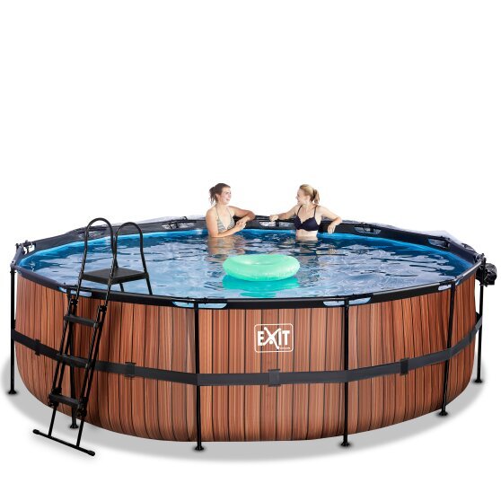 EXIT Wood Pool ø488x122cm mit Abdeckung und Sandfilterpumpe - braun